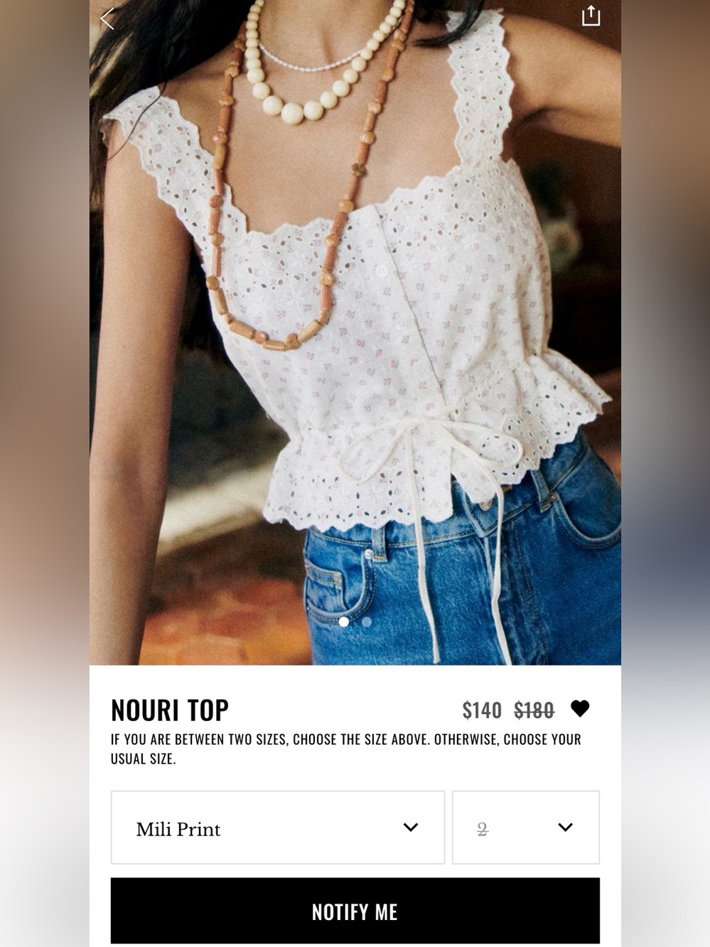 Sezane Nouri Top Mili Print Eyelet Cotton Size 2 / FR34 NWT